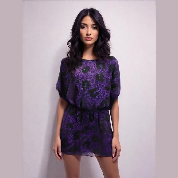 Jessica Simpson Purple Black Animal Print Gathered Waist Casual Mini Dress S - Picture 1 of 10